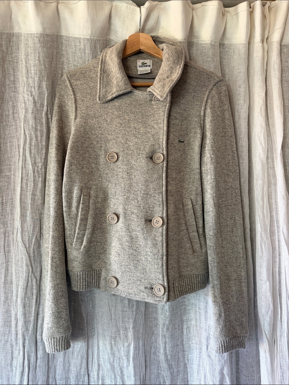 Lacoste Light Gray Double-Breasted women’s Wool Blend Pea Coat size 38 FR